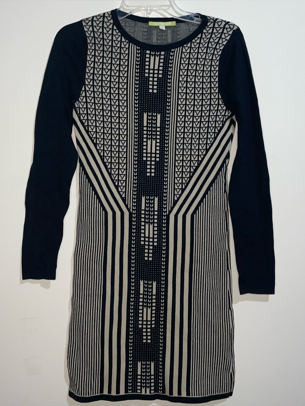 Gianni Bini Knit Mini M Long Sleeve Patterned Black Beige Cotton Blend Dress